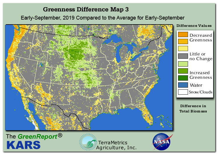 Color-coded U.S. vegetation greeness index map for Period 36 of 2019, illustrating spatial variations in plant vigor, with greener tones indicating higher biomass and browner tones indicating stressed vegetation,
              comparing current crop/vegetation change in biomass to the 20-year greenness average.