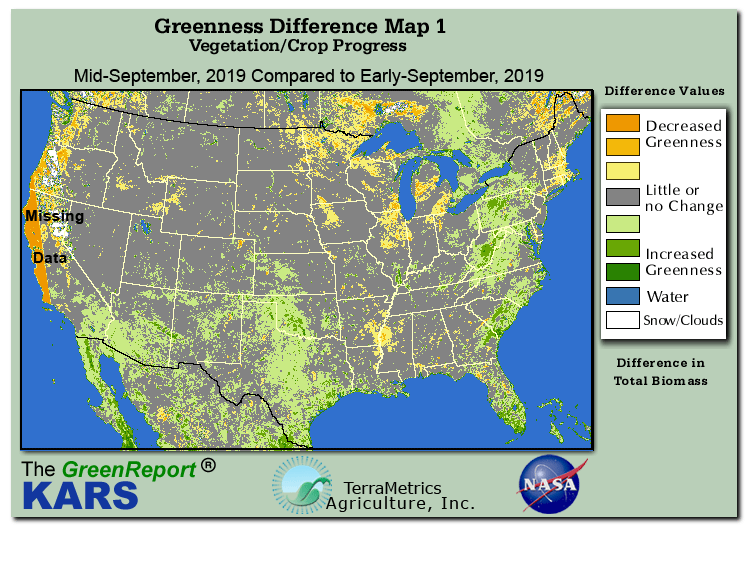 Color-coded U.S. vegetation greeness index map for Period 37 of 2019, illustrating spatial variations in plant vigor, with greener tones indicating higher biomass and browner tones indicating stressed vegetation,
              comparing current crop/vegetation change in biomass to the previous week within the same year.
