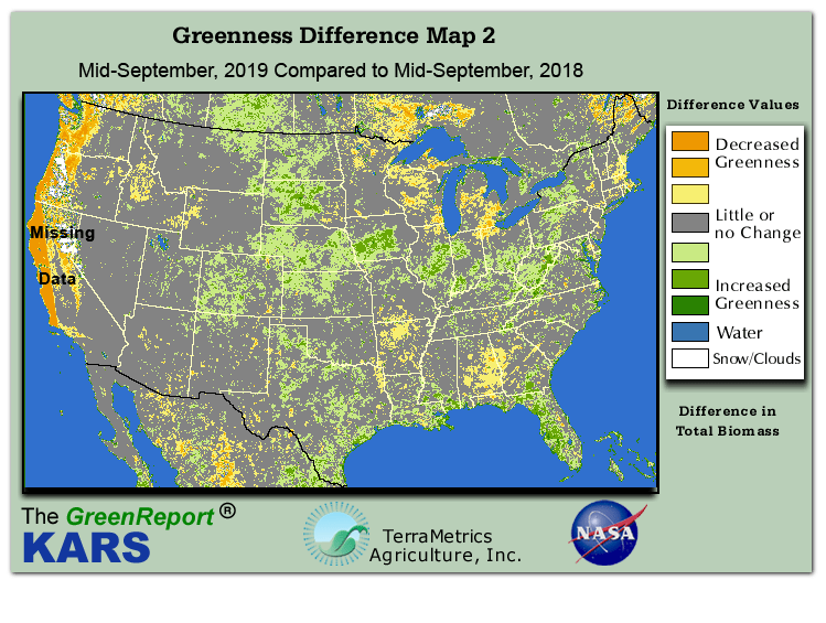 Color-coded U.S. vegetation greeness index map for Period 37 of 2019, illustrating spatial variations in plant vigor, with greener tones indicating higher biomass and browner tones indicating stressed vegetation,
              comparing current crop/vegetation change in biomass to same period from the previous year.