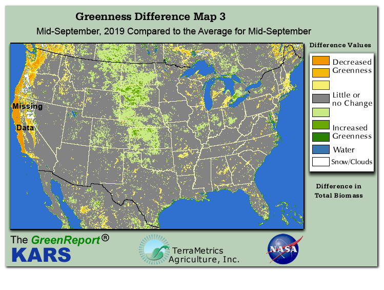 Color-coded U.S. vegetation greeness index map for Period 37 of 2019, illustrating spatial variations in plant vigor, with greener tones indicating higher biomass and browner tones indicating stressed vegetation,
              comparing current crop/vegetation change in biomass to the 20-year greenness average.