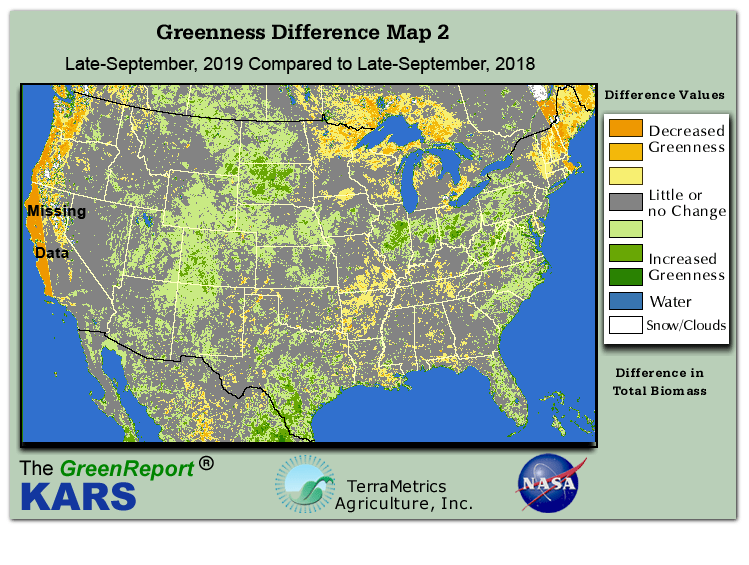 Color-coded U.S. vegetation greeness index map for Period 38 of 2019, illustrating spatial variations in plant vigor, with greener tones indicating higher biomass and browner tones indicating stressed vegetation,
              comparing current crop/vegetation change in biomass to same period from the previous year.
