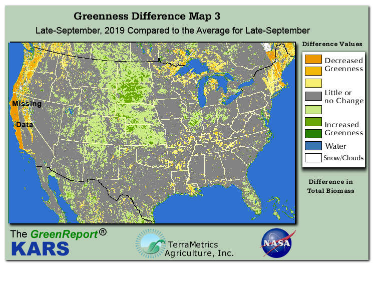 Color-coded U.S. vegetation greeness index map for Period 38 of 2019, illustrating spatial variations in plant vigor, with greener tones indicating higher biomass and browner tones indicating stressed vegetation,
              comparing current crop/vegetation change in biomass to the 20-year greenness average.