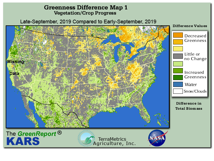 Color-coded U.S. vegetation greeness index map for Period 39 of 2019, illustrating spatial variations in plant vigor, with greener tones indicating higher biomass and browner tones indicating stressed vegetation,
              comparing current crop/vegetation change in biomass to the previous week within the same year.