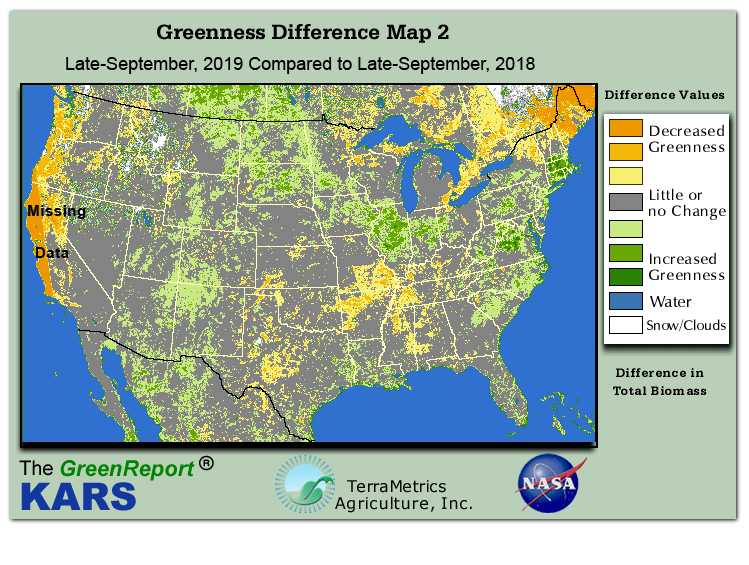 Color-coded U.S. vegetation greeness index map for Period 39 of 2019, illustrating spatial variations in plant vigor, with greener tones indicating higher biomass and browner tones indicating stressed vegetation,
              comparing current crop/vegetation change in biomass to same period from the previous year.