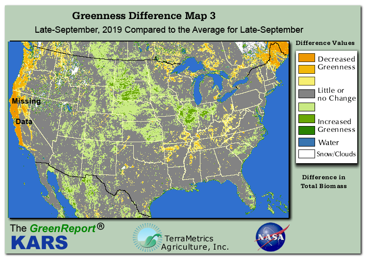 Color-coded U.S. vegetation greeness index map for Period 39 of 2019, illustrating spatial variations in plant vigor, with greener tones indicating higher biomass and browner tones indicating stressed vegetation,
              comparing current crop/vegetation change in biomass to the 20-year greenness average.