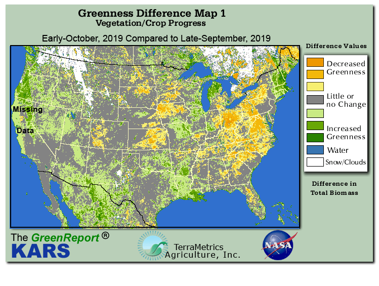 Color-coded U.S. vegetation greeness index map for Period 40 of 2019, illustrating spatial variations in plant vigor, with greener tones indicating higher biomass and browner tones indicating stressed vegetation,
              comparing current crop/vegetation change in biomass to the previous week within the same year.