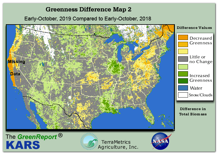 Color-coded U.S. vegetation greeness index map for Period 40 of 2019, illustrating spatial variations in plant vigor, with greener tones indicating higher biomass and browner tones indicating stressed vegetation,
              comparing current crop/vegetation change in biomass to same period from the previous year.