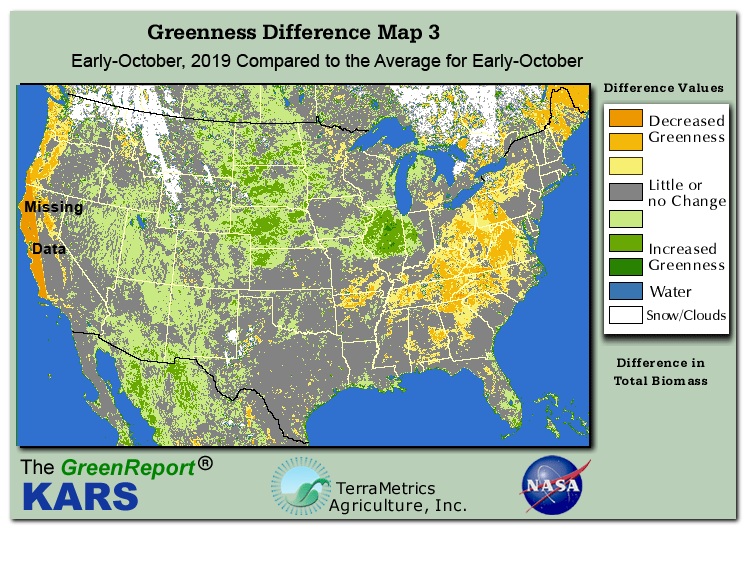 Color-coded U.S. vegetation greeness index map for Period 40 of 2019, illustrating spatial variations in plant vigor, with greener tones indicating higher biomass and browner tones indicating stressed vegetation,
              comparing current crop/vegetation change in biomass to the 20-year greenness average.