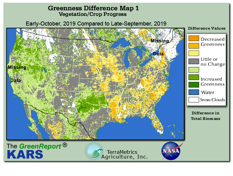 Color-coded U.S. vegetation greeness index map for Period 41 of 2019, illustrating spatial variations in plant vigor, with greener tones indicating higher biomass and browner tones indicating stressed vegetation,
              comparing current crop/vegetation change in biomass to the previous week within the same year.