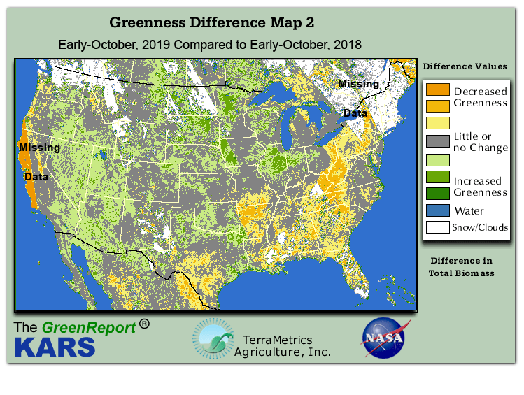 Color-coded U.S. vegetation greeness index map for Period 41 of 2019, illustrating spatial variations in plant vigor, with greener tones indicating higher biomass and browner tones indicating stressed vegetation,
              comparing current crop/vegetation change in biomass to same period from the previous year.