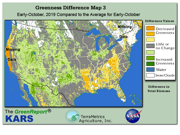 Color-coded U.S. vegetation greeness index map for Period 41 of 2019, illustrating spatial variations in plant vigor, with greener tones indicating higher biomass and browner tones indicating stressed vegetation,
              comparing current crop/vegetation change in biomass to the 20-year greenness average.