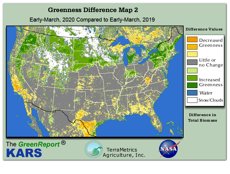 Color-coded U.S. vegetation greeness index map for Period 11 of 2020, illustrating spatial variations in plant vigor, with greener tones indicating higher biomass and browner tones indicating stressed vegetation,
              comparing current crop/vegetation change in biomass to same period from the previous year.