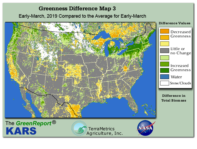 Color-coded U.S. vegetation greeness index map for Period 11 of 2020, illustrating spatial variations in plant vigor, with greener tones indicating higher biomass and browner tones indicating stressed vegetation,
              comparing current crop/vegetation change in biomass to the 20-year greenness average.