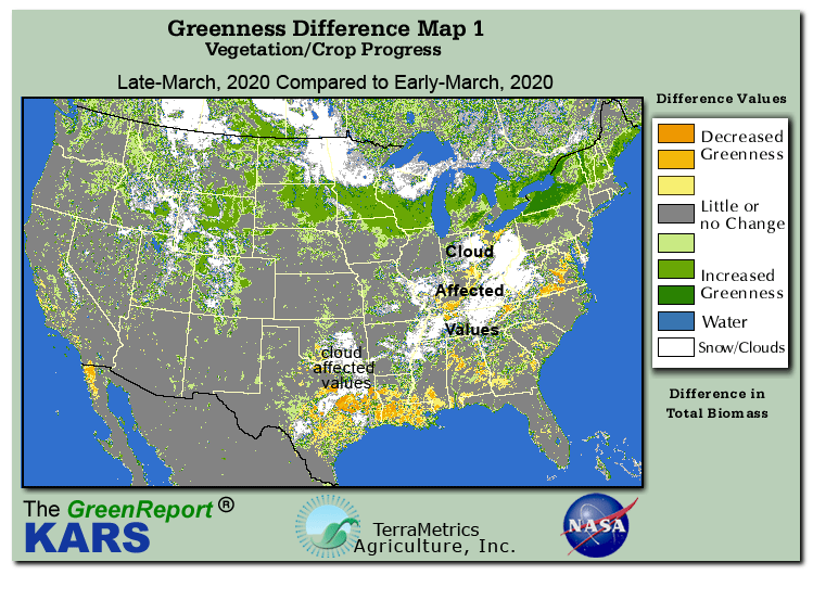 Color-coded U.S. vegetation greeness index map for Period 12 of 2020, illustrating spatial variations in plant vigor, with greener tones indicating higher biomass and browner tones indicating stressed vegetation,
              comparing current crop/vegetation change in biomass to the previous week within the same year.