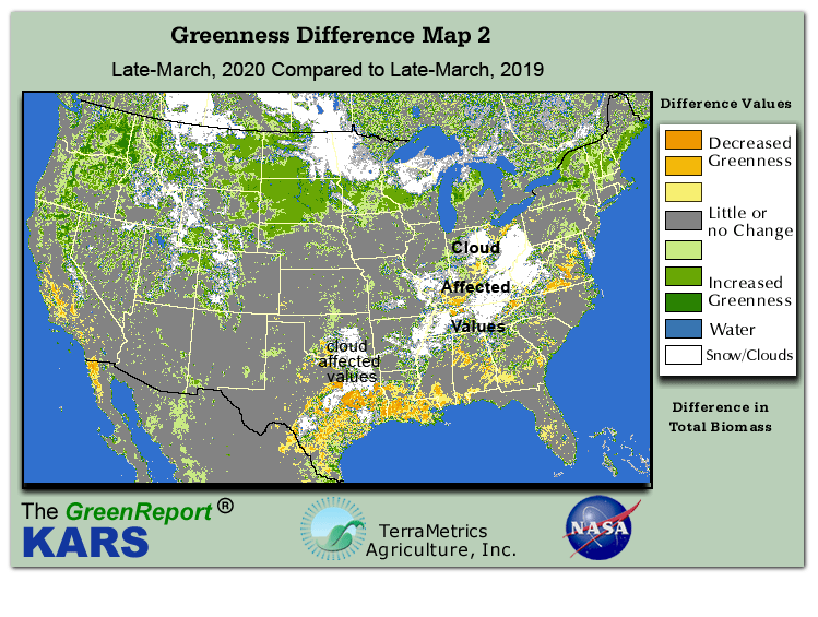 Color-coded U.S. vegetation greeness index map for Period 12 of 2020, illustrating spatial variations in plant vigor, with greener tones indicating higher biomass and browner tones indicating stressed vegetation,
              comparing current crop/vegetation change in biomass to same period from the previous year.
