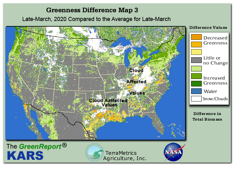 Color-coded U.S. vegetation greeness index map for Period 12 of 2020, illustrating spatial variations in plant vigor, with greener tones indicating higher biomass and browner tones indicating stressed vegetation,
              comparing current crop/vegetation change in biomass to the 20-year greenness average.