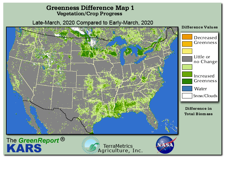 Color-coded U.S. vegetation greeness index map for Period 13 of 2020, illustrating spatial variations in plant vigor, with greener tones indicating higher biomass and browner tones indicating stressed vegetation,
              comparing current crop/vegetation change in biomass to the previous week within the same year.