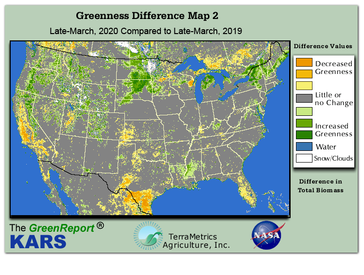 Color-coded U.S. vegetation greeness index map for Period 13 of 2020, illustrating spatial variations in plant vigor, with greener tones indicating higher biomass and browner tones indicating stressed vegetation,
              comparing current crop/vegetation change in biomass to same period from the previous year.