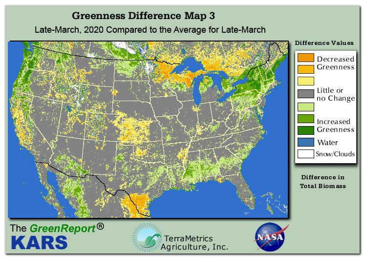 Color-coded U.S. vegetation greeness index map for Period 13 of 2020, illustrating spatial variations in plant vigor, with greener tones indicating higher biomass and browner tones indicating stressed vegetation,
              comparing current crop/vegetation change in biomass to the 20-year greenness average.