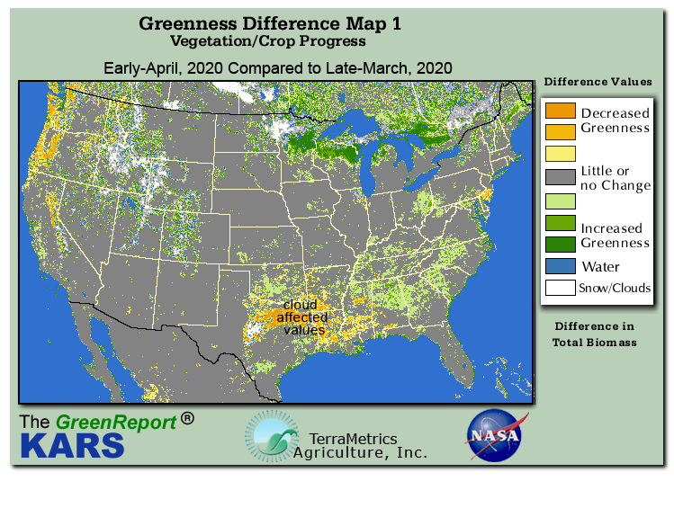 Color-coded U.S. vegetation greeness index map for Period 14 of 2020, illustrating spatial variations in plant vigor, with greener tones indicating higher biomass and browner tones indicating stressed vegetation,
              comparing current crop/vegetation change in biomass to the previous week within the same year.