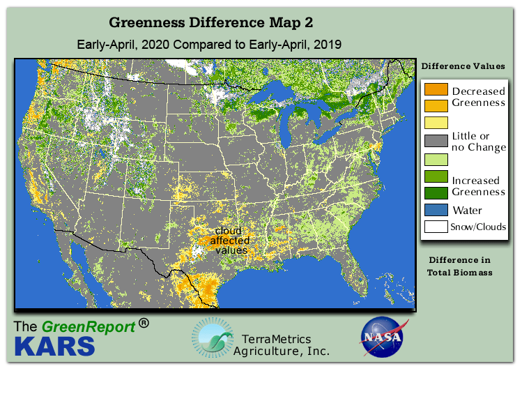 Color-coded U.S. vegetation greeness index map for Period 14 of 2020, illustrating spatial variations in plant vigor, with greener tones indicating higher biomass and browner tones indicating stressed vegetation,
              comparing current crop/vegetation change in biomass to same period from the previous year.