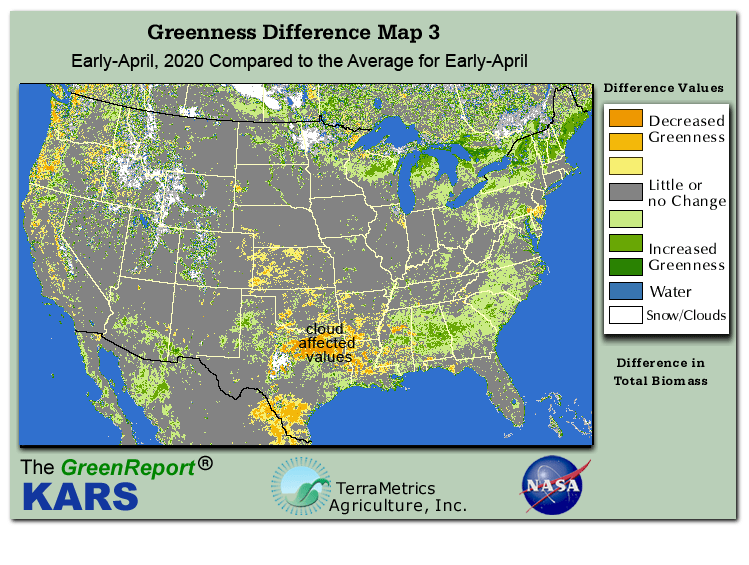 Color-coded U.S. vegetation greeness index map for Period 14 of 2020, illustrating spatial variations in plant vigor, with greener tones indicating higher biomass and browner tones indicating stressed vegetation,
              comparing current crop/vegetation change in biomass to the 20-year greenness average.