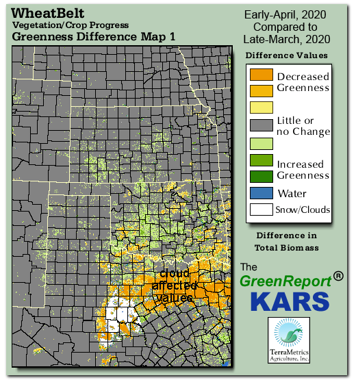 Color-coded Wheat Belt vegetation greeness index map for Period 14 of 2020, illustrating spatial variations in plant vigor, with greener tones indicating higher biomass and browner tones indicating stressed vegetation,
              comparing current crop/vegetation change in biomass to the previous week within the same year.