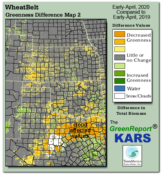 Color-coded Wheat Belt vegetation greeness index map for Period 14 of 2020, illustrating spatial variations in plant vigor, with greener tones indicating higher biomass and browner tones indicating stressed vegetation,
              comparing current crop/vegetation change in biomass to same period from the previous year.
