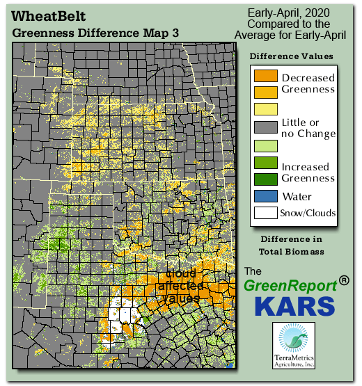 Color-coded Wheat Belt vegetation greeness index map for Period 14 of 2020, illustrating spatial variations in plant vigor, with greener tones indicating higher biomass and browner tones indicating stressed vegetation,
              comparing current crop/vegetation change in biomass to the 20-year greenness average.