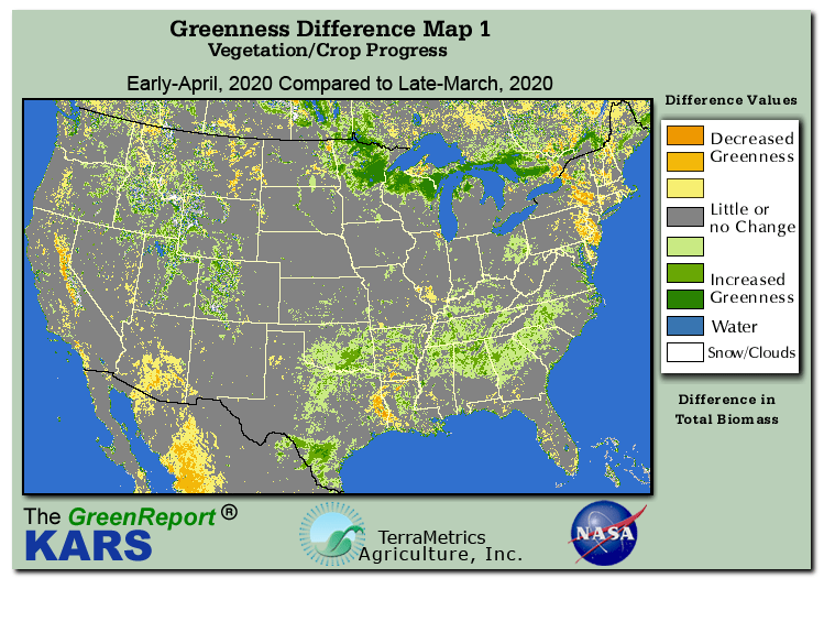 Color-coded U.S. vegetation greeness index map for Period 15 of 2020, illustrating spatial variations in plant vigor, with greener tones indicating higher biomass and browner tones indicating stressed vegetation,
              comparing current crop/vegetation change in biomass to the previous week within the same year.