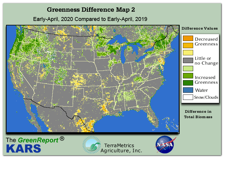 Color-coded U.S. vegetation greeness index map for Period 15 of 2020, illustrating spatial variations in plant vigor, with greener tones indicating higher biomass and browner tones indicating stressed vegetation,
              comparing current crop/vegetation change in biomass to same period from the previous year.