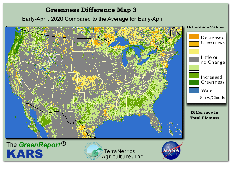 Color-coded U.S. vegetation greeness index map for Period 15 of 2020, illustrating spatial variations in plant vigor, with greener tones indicating higher biomass and browner tones indicating stressed vegetation,
              comparing current crop/vegetation change in biomass to the 20-year greenness average.