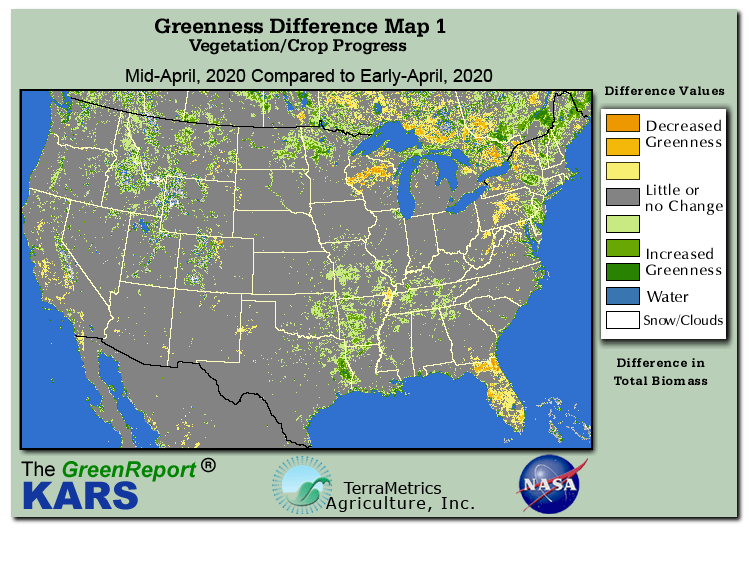 Color-coded U.S. vegetation greeness index map for Period 16 of 2020, illustrating spatial variations in plant vigor, with greener tones indicating higher biomass and browner tones indicating stressed vegetation,
              comparing current crop/vegetation change in biomass to the previous week within the same year.