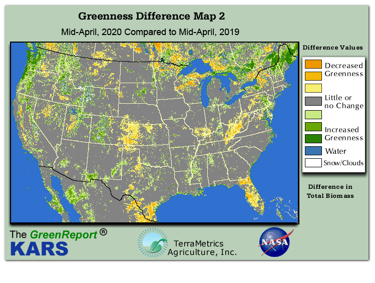 Color-coded U.S. vegetation greeness index map for Period 16 of 2020, illustrating spatial variations in plant vigor, with greener tones indicating higher biomass and browner tones indicating stressed vegetation,
              comparing current crop/vegetation change in biomass to same period from the previous year.