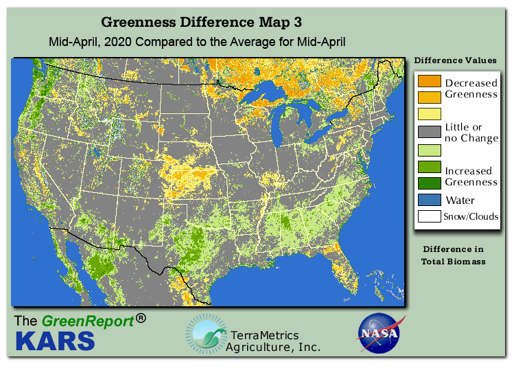 Color-coded U.S. vegetation greeness index map for Period 16 of 2020, illustrating spatial variations in plant vigor, with greener tones indicating higher biomass and browner tones indicating stressed vegetation,
              comparing current crop/vegetation change in biomass to the 20-year greenness average.