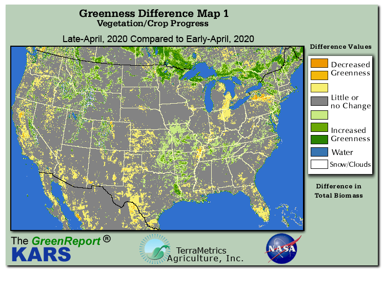 Color-coded U.S. vegetation greeness index map for Period 17 of 2020, illustrating spatial variations in plant vigor, with greener tones indicating higher biomass and browner tones indicating stressed vegetation,
              comparing current crop/vegetation change in biomass to the previous week within the same year.