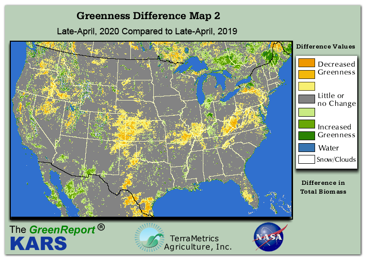 Color-coded U.S. vegetation greeness index map for Period 17 of 2020, illustrating spatial variations in plant vigor, with greener tones indicating higher biomass and browner tones indicating stressed vegetation,
              comparing current crop/vegetation change in biomass to same period from the previous year.
