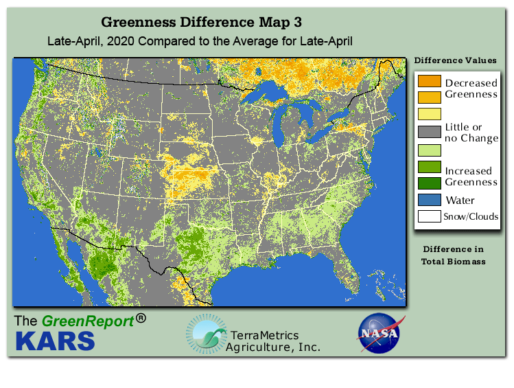Color-coded U.S. vegetation greeness index map for Period 17 of 2020, illustrating spatial variations in plant vigor, with greener tones indicating higher biomass and browner tones indicating stressed vegetation,
              comparing current crop/vegetation change in biomass to the 20-year greenness average.