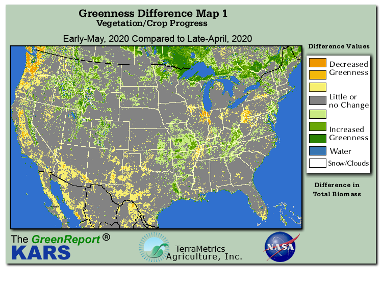Color-coded U.S. vegetation greeness index map for Period 18 of 2020, illustrating spatial variations in plant vigor, with greener tones indicating higher biomass and browner tones indicating stressed vegetation,
              comparing current crop/vegetation change in biomass to the previous week within the same year.