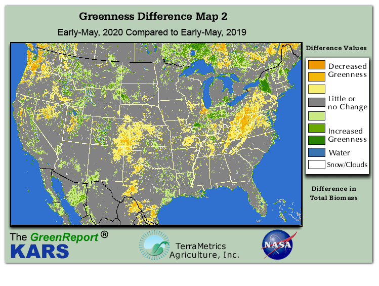 Color-coded U.S. vegetation greeness index map for Period 18 of 2020, illustrating spatial variations in plant vigor, with greener tones indicating higher biomass and browner tones indicating stressed vegetation,
              comparing current crop/vegetation change in biomass to same period from the previous year.