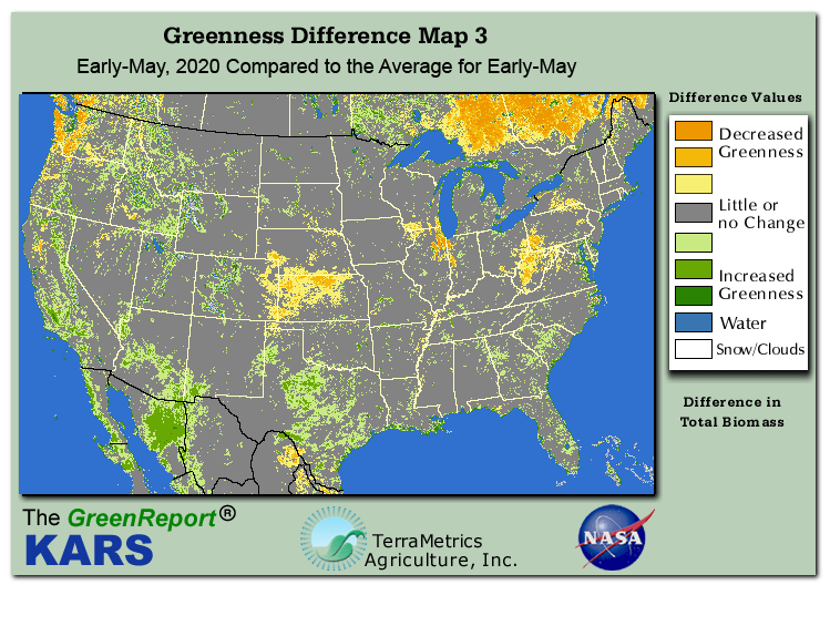 Color-coded U.S. vegetation greeness index map for Period 18 of 2020, illustrating spatial variations in plant vigor, with greener tones indicating higher biomass and browner tones indicating stressed vegetation,
              comparing current crop/vegetation change in biomass to the 20-year greenness average.