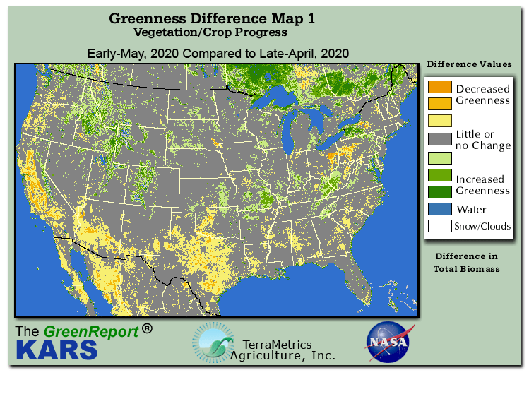 Color-coded U.S. vegetation greeness index map for Period 19 of 2020, illustrating spatial variations in plant vigor, with greener tones indicating higher biomass and browner tones indicating stressed vegetation,
              comparing current crop/vegetation change in biomass to the previous week within the same year.