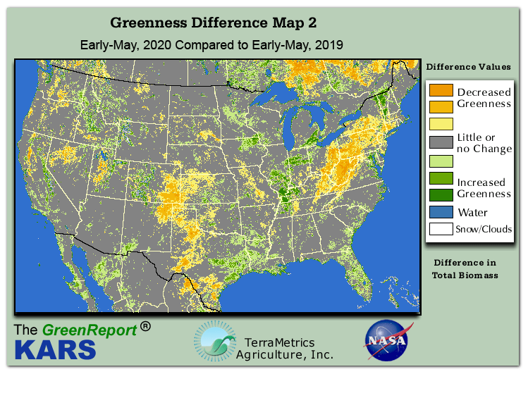 Color-coded U.S. vegetation greeness index map for Period 19 of 2020, illustrating spatial variations in plant vigor, with greener tones indicating higher biomass and browner tones indicating stressed vegetation,
              comparing current crop/vegetation change in biomass to same period from the previous year.