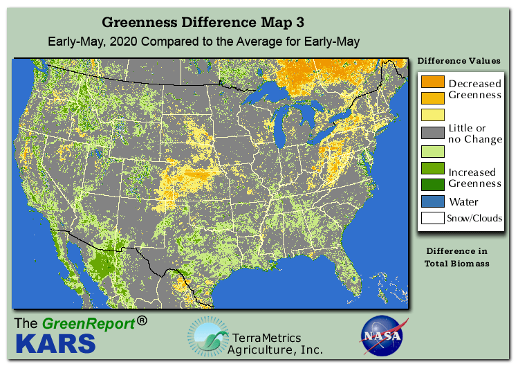 Color-coded U.S. vegetation greeness index map for Period 19 of 2020, illustrating spatial variations in plant vigor, with greener tones indicating higher biomass and browner tones indicating stressed vegetation,
              comparing current crop/vegetation change in biomass to the 20-year greenness average.