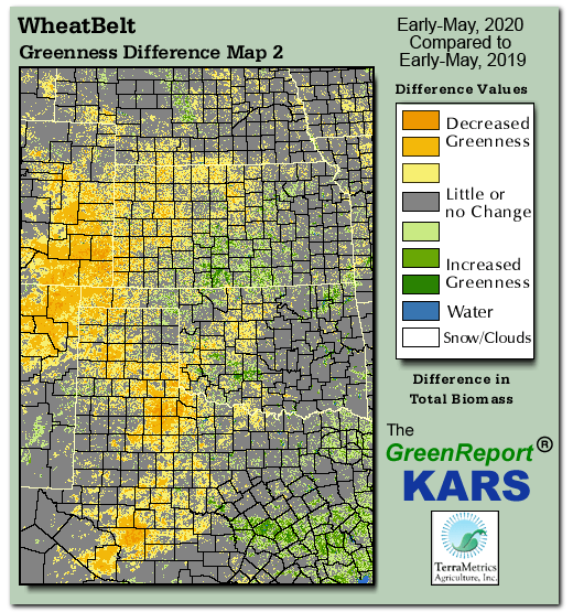 Color-coded Wheat Belt vegetation greeness index map for Period 19 of 2020, illustrating spatial variations in plant vigor, with greener tones indicating higher biomass and browner tones indicating stressed vegetation,
              comparing current crop/vegetation change in biomass to same period from the previous year.