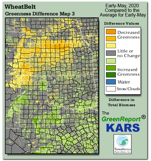 Color-coded Wheat Belt vegetation greeness index map for Period 19 of 2020, illustrating spatial variations in plant vigor, with greener tones indicating higher biomass and browner tones indicating stressed vegetation,
              comparing current crop/vegetation change in biomass to the 20-year greenness average.
