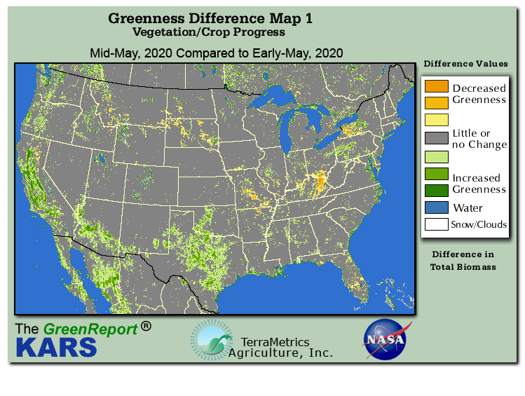 Color-coded U.S. vegetation greeness index map for Period 20 of 2020, illustrating spatial variations in plant vigor, with greener tones indicating higher biomass and browner tones indicating stressed vegetation,
              comparing current crop/vegetation change in biomass to the previous week within the same year.