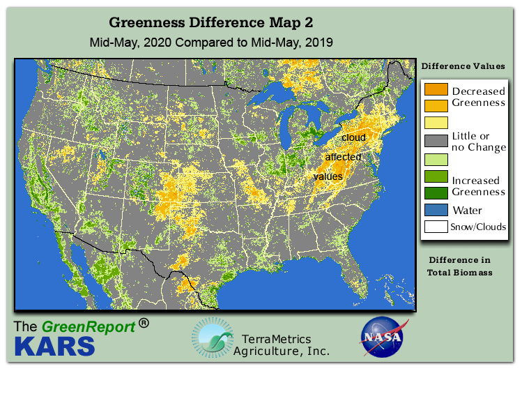 Color-coded U.S. vegetation greeness index map for Period 20 of 2020, illustrating spatial variations in plant vigor, with greener tones indicating higher biomass and browner tones indicating stressed vegetation,
              comparing current crop/vegetation change in biomass to same period from the previous year.