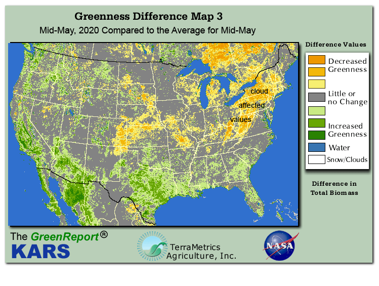 Color-coded U.S. vegetation greeness index map for Period 20 of 2020, illustrating spatial variations in plant vigor, with greener tones indicating higher biomass and browner tones indicating stressed vegetation,
              comparing current crop/vegetation change in biomass to the 20-year greenness average.