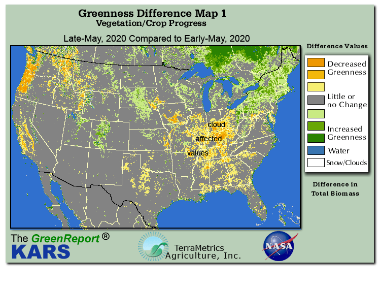 Color-coded U.S. vegetation greeness index map for Period 21 of 2020, illustrating spatial variations in plant vigor, with greener tones indicating higher biomass and browner tones indicating stressed vegetation,
              comparing current crop/vegetation change in biomass to the previous week within the same year.